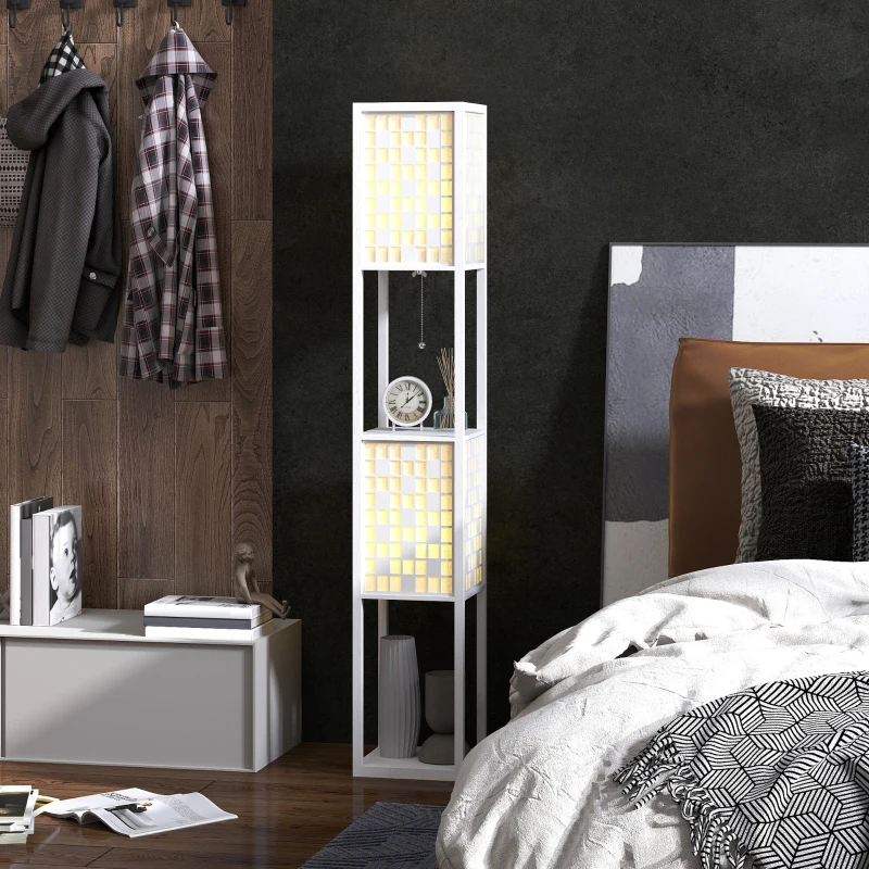 HOMCOM Floor Lamp with Shelves, 2 Layer Grid Pattern Column Modern Standing Lamp with Foot Switch and Pull Chain for Living Room, Bedroom, Office, Bulb Not Included, White