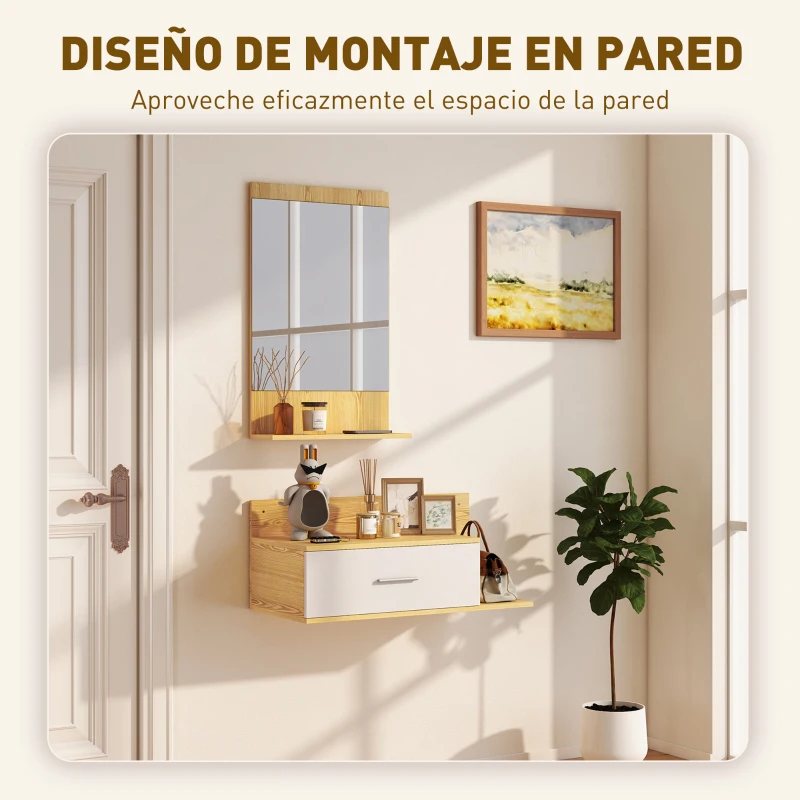 HOMCOM Conjunto de Recibidor de Entrada de Pared con Espejo y Almacenaje Espejo con Cajón y 2 Estantes Abiertos Madera Natural