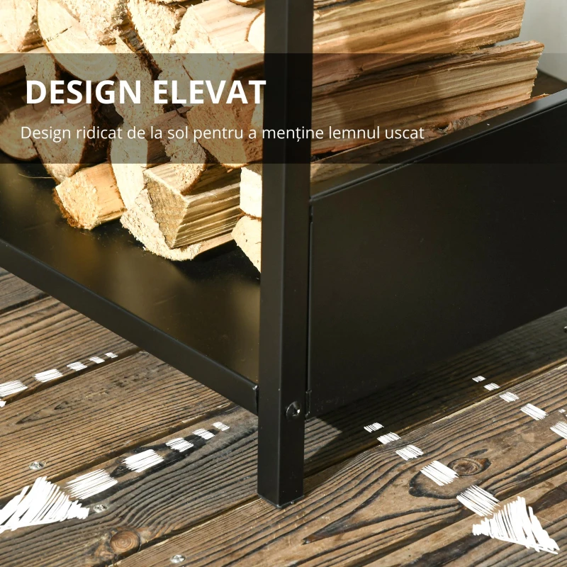 Outsunny Raft pentru Busteni  pentru Exterior si Interior din Otel, Suport pentru Lemne  Modern cu Baza Inaltata, 39x35x76cm, Negru