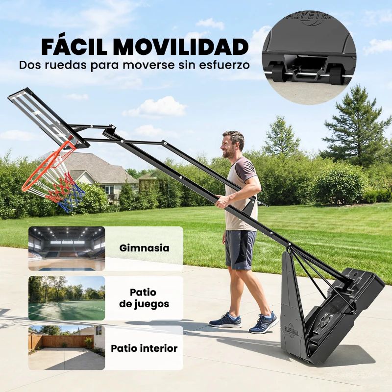SPORTNOW Canasta de Baloncesto para Exterior Ajustable de 245-305 cm con Ruedas Base Rellenable y Sistema de Retorno Negro