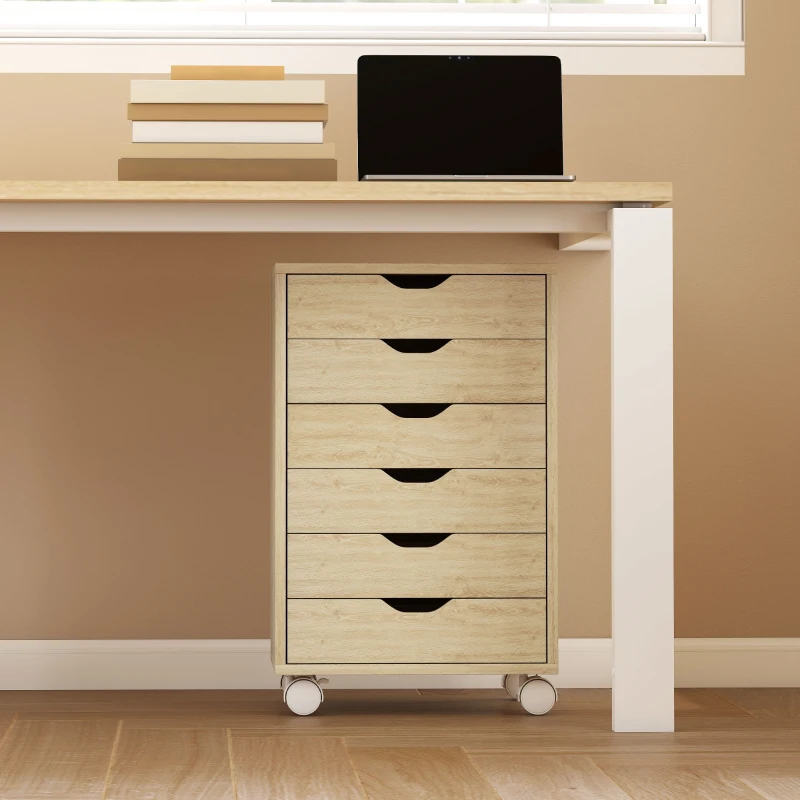 HOMCOM Rollcontainer Schreibtisch Mobiler Aktenschrank mit 6 Schubladen Rollen Geräuscharme Führungsschienen für Büro Zuhause Eiche