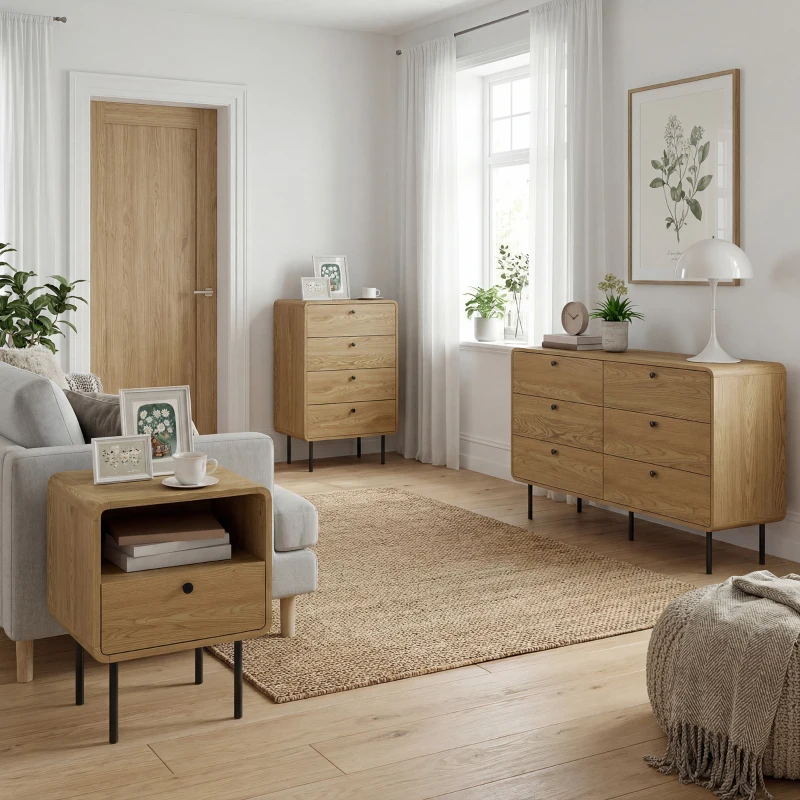 HOMCOM Kommode 4 Schubladen, schlanker Aufbewahrungsschrank mit Stahlfüßen, abgerundete Ecken, 60 x 39 x 91,5 cm, Eiche