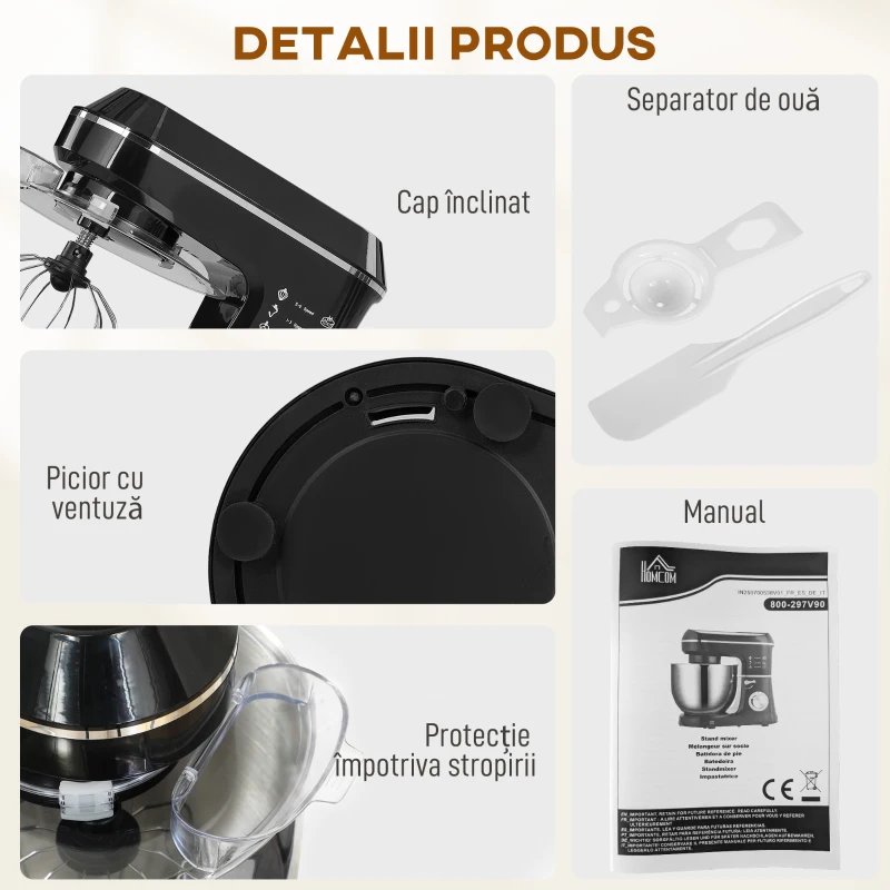 HOMCOM Mixer Planetar cu Bol din Oțel Inoxidabil de 7L, 1400W, 6 Viteze Pulse, Cap Înclinat, Mixer Profesional Antiderapant cu Cârlig pentru Frământare, Tel, Mixer, Capac și Accesorii