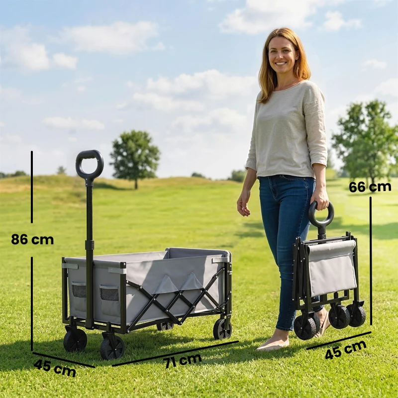 Outsunny 80L Foldable Festival Trolley on Wheels, Collapsible Wagon Cart with Drop-Down Tailgate, Adjustable Handle, Grey