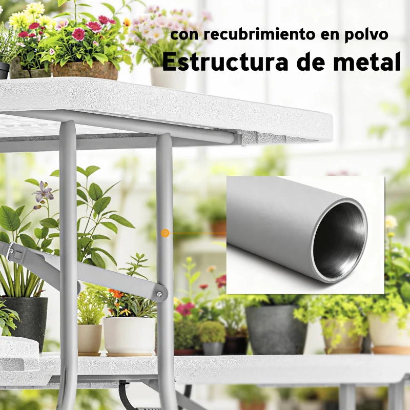 Outsunny Conjunto de Camping Plegable de Mesa y Bancos Asas para Exterior 180x74x74 cm y 182x28x42 cm Blanco