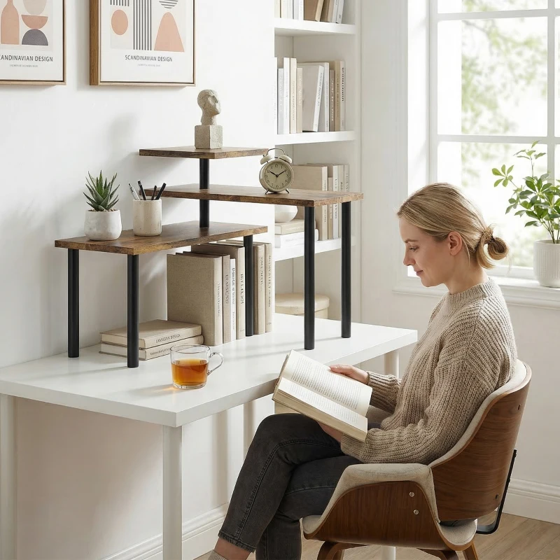 HOMCOM Kitchen Storage Rack, 3 Tier Kitchen Countertop Organiser, Baker's Rack, Corner Shelf Display Rack, Modern Coffee Bar Station, Rustic Brown