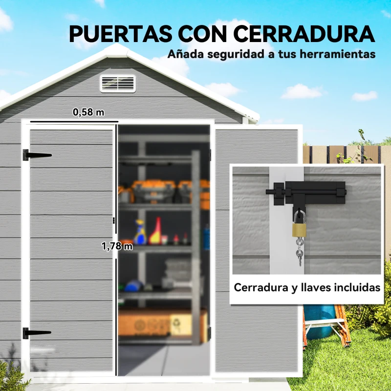 Outsunny Caseta de Jardín Exterior 182x151x219 cm con Suelo Puerta Cerrada y Techo Inclinado para Almacenar Herramientas Gris