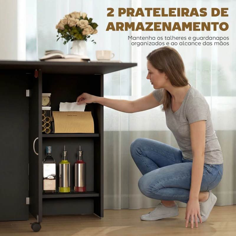 HOMCOM Mesa de Cozinha Dobrável com 2 Prateleiras de Armazenamento e Laterais Dobráveis 75x140x74 cm Preto