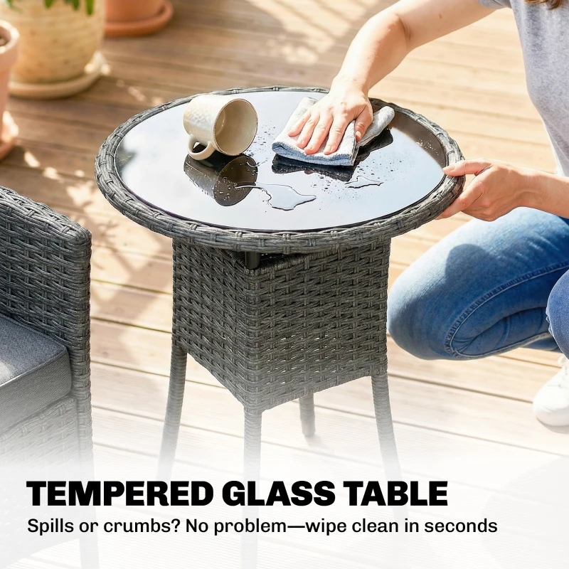 Outsunny Rattan Bistro Set, Reclining Garden Chairs and Glass Coffee Table with Cushions for Patio Balcony Porch, Grey