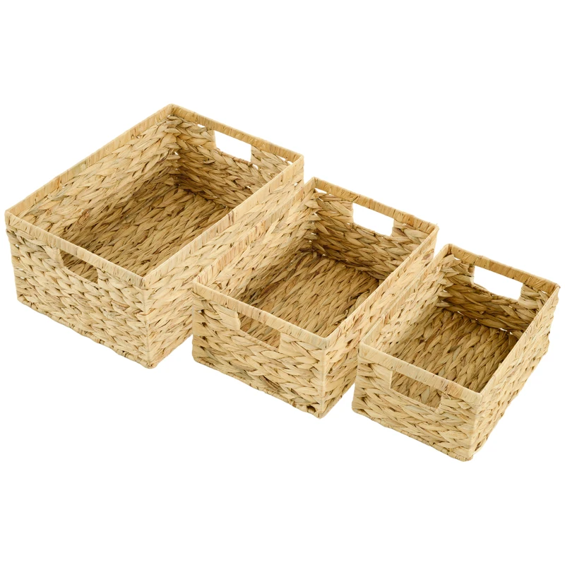 HOMCOM Lot de 3 paniers de rangement tressés boîtes de rangement avec poignées pour chambre, salon, salle de bain, bois naturel