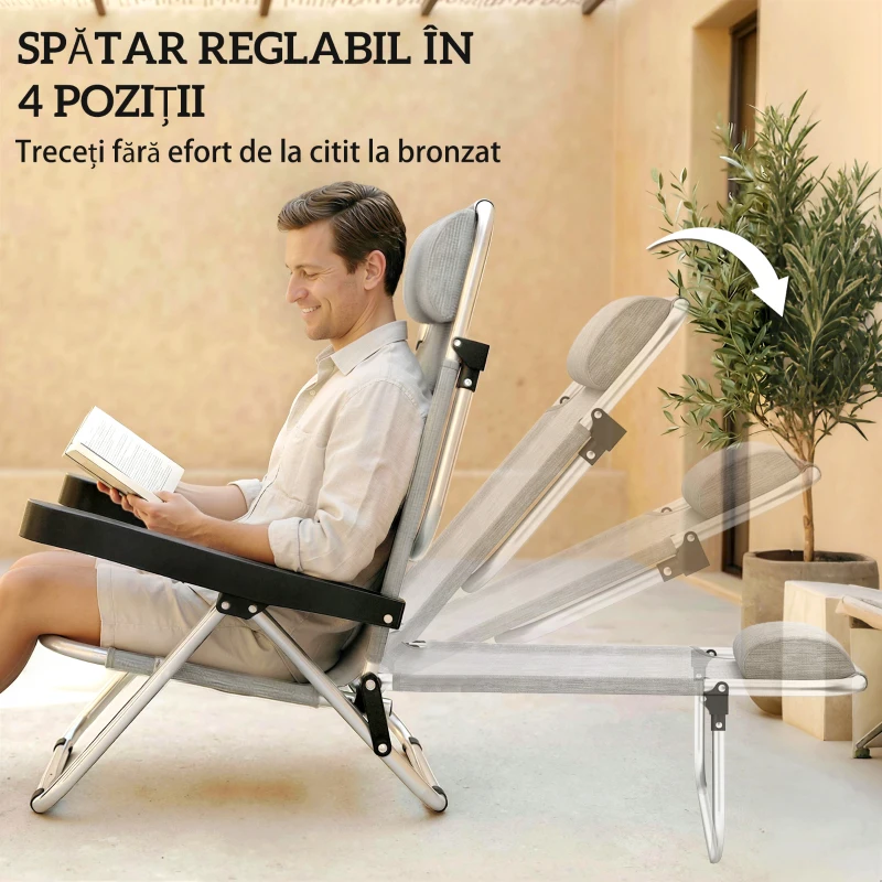 Set Outsunny 2 Șezlonguri Pliabile și Reclinabile pe 4 Poziții cu Suport pentru Cap, din Aluminiu, 62x61x80 cm, Gri