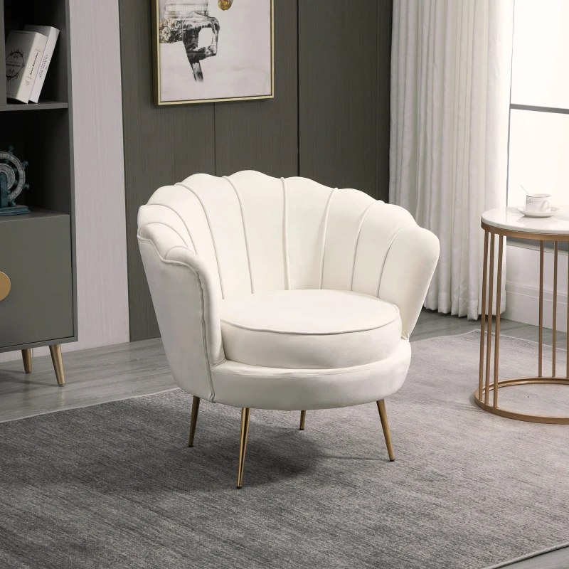 HOMCOM Fauteuil Coquillage Fauteuil Design dim. 79L x 77l x 77H cm Pieds dorés effilés Velours Blanc