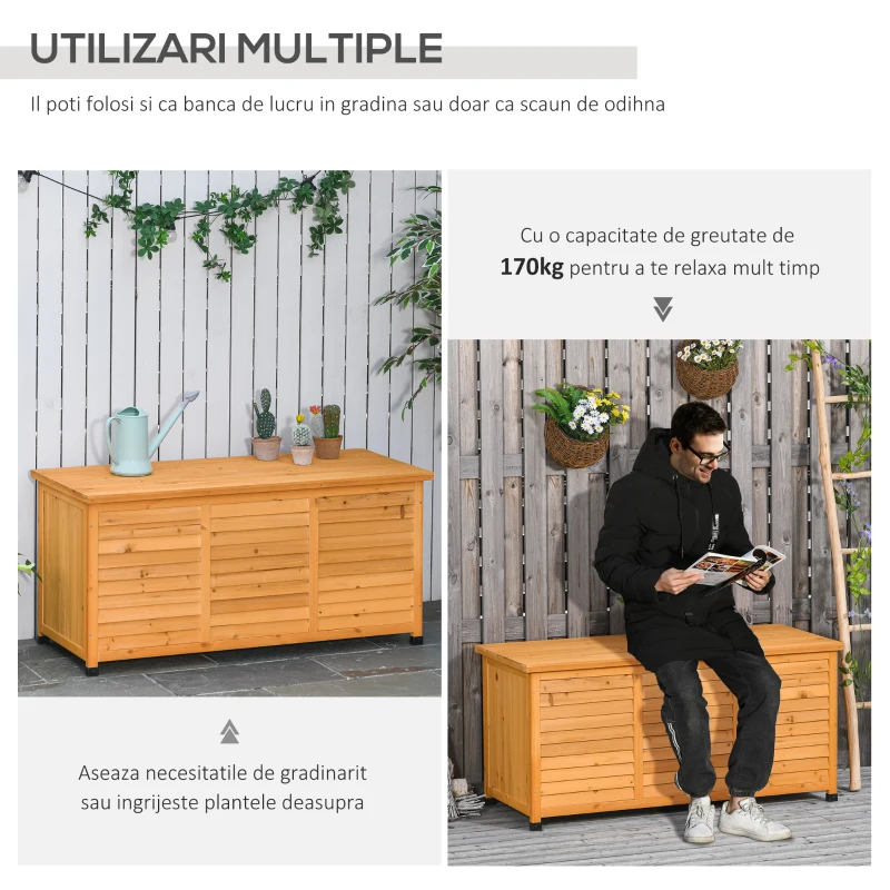 Outsunny Ladă de Depozitare pentru Exterior din Lemn de Brad Impermeabil cu Bază Înălțată, 127x56x60 cm, Galben Închis