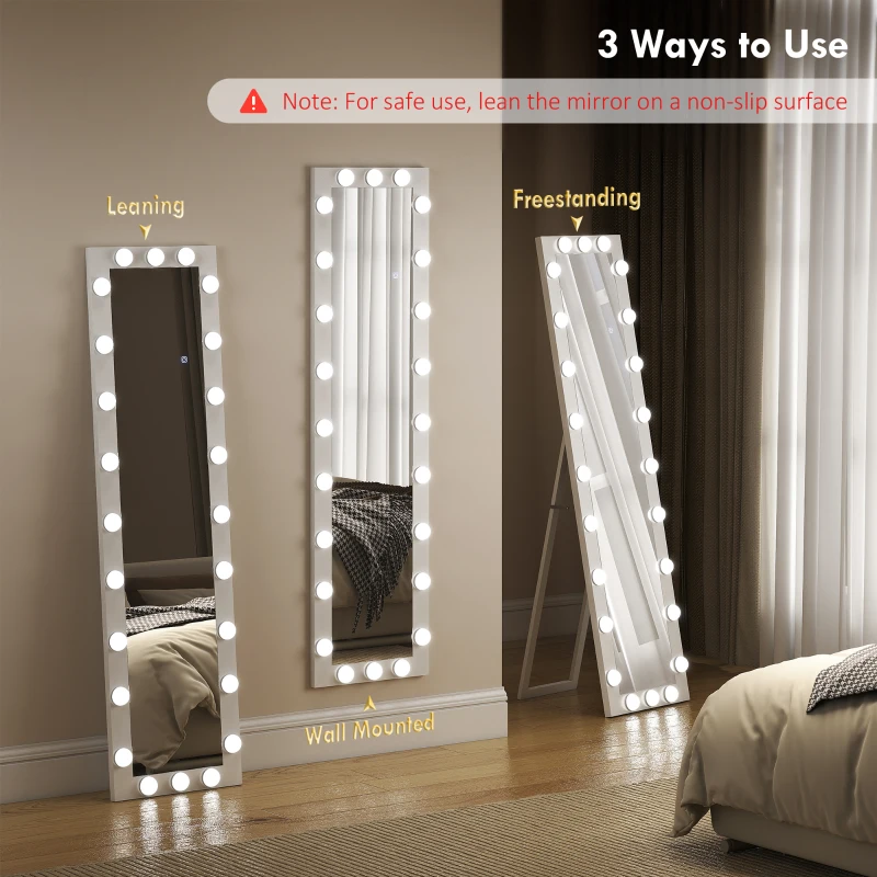 HOMCOM Pełnowymiarowe lustro 150x40 cm LED z 24 żarówkami, 3 kolory światła, stojące lub oparte, białe