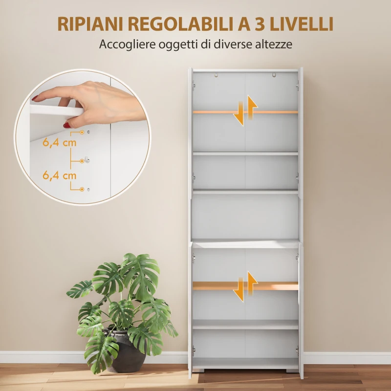 HOMCOM Credenza Cucina Alta 180cm, Mobile Dispensa con Ante Soft-Close, Ripiano Aperto, 2 Armadietti, Ripiani Regolabili, Mobile Cucina Moderno per Sala da Pranzo Soggiorno, Bianco Lucido