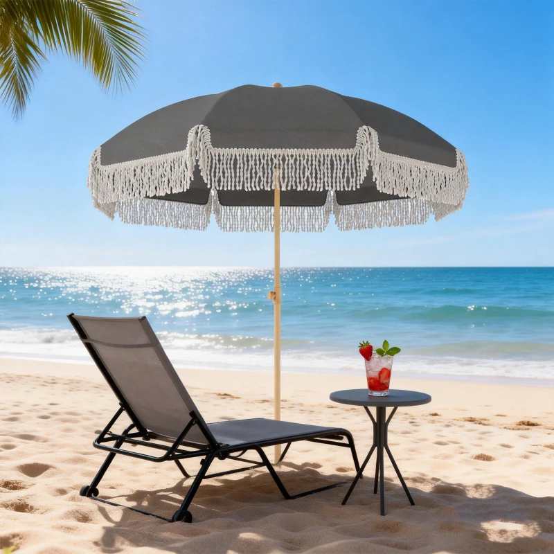 Outsunny 1.7 m Beach Umbrella with Sand Anchor, 30° Tilting Fringed Beach Garden Parasol with Adjustable Height, Grey