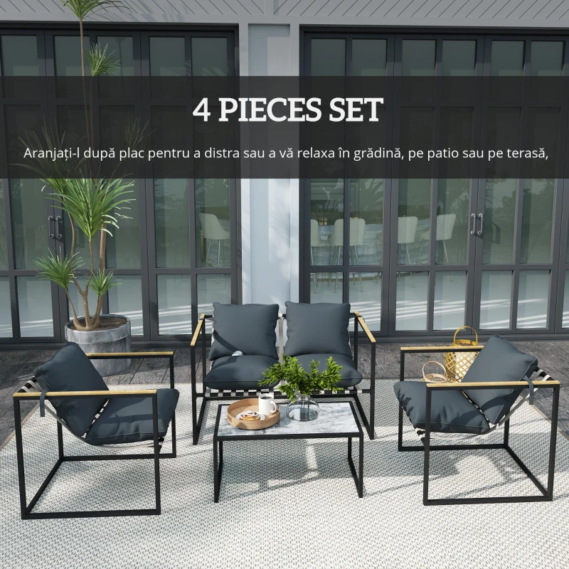 Outsunny set mobilier grădină 4 piese, 2 fotolii, canapea 2 persoane, masă, perne incluse, gri