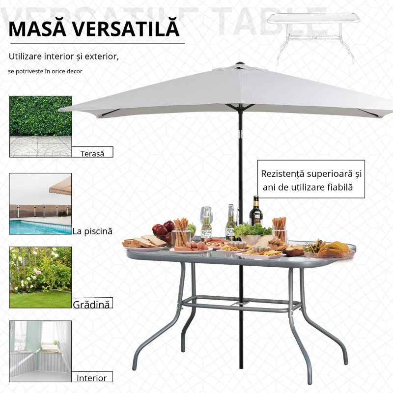 Outsunny Masa de Exterior din Metal si Sticla Temperata cu Orificiu pentru Umbrela 140x80x70cm