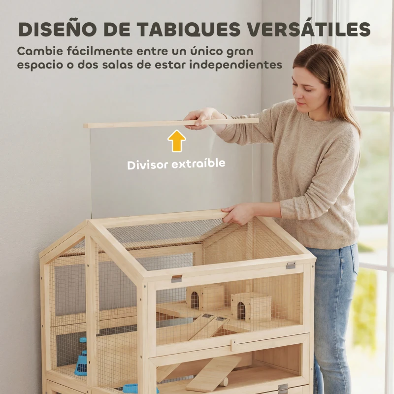 PawHut Jaula para Hámster de Madera de 3 Niveles con Bebederos Casetas Balancines Bandeja Extraíble y Tapas Abatibles Natural