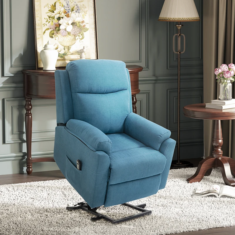 HOMCOM Fauteuil électrique releveur fauteuil relax avec repose-pieds dossier inclinable télécommande poche latérale bleu(m-10)