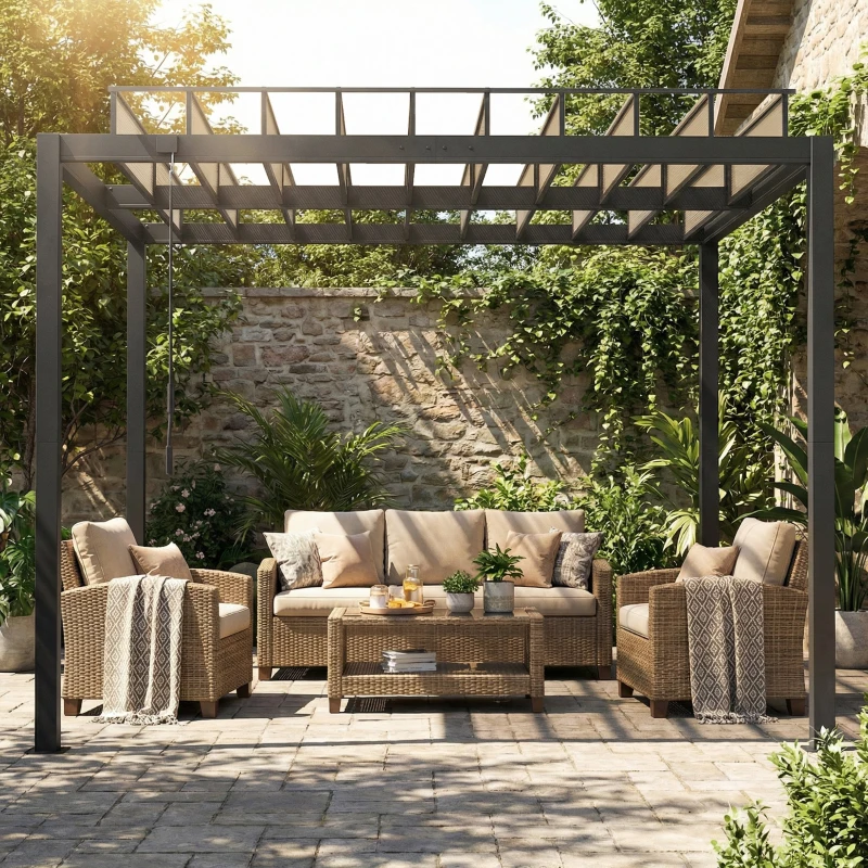 Outsunny 3 x 3 m Louvered Pergola with PC Roof, Aluminium Patio Gazebo Pergola Canopy with Drainage Gutters, Handle, Coffee