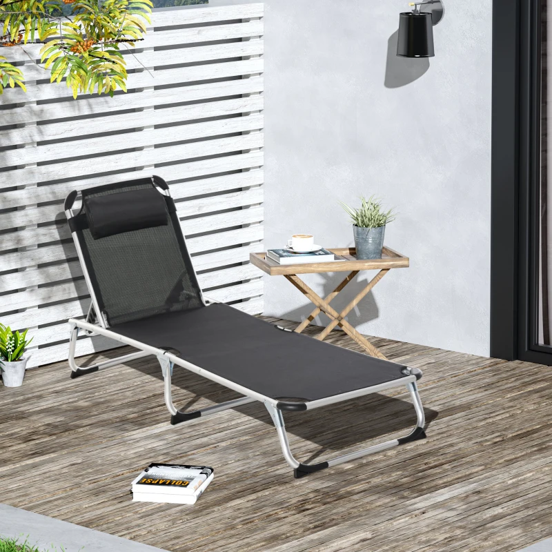 Outsunny Bain de soleil chaise longue pliante avec appuie-tête, transat inclinable en aluminium et textilène, transat jardin extérieur pour plage relax camping piscine terrasse, 165x60x76cm, noir