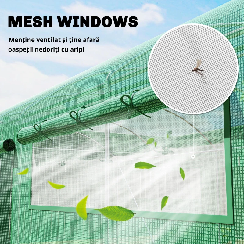 Outsunny Seră tip tunel 6x3x2 m cu 3 uși derulante 6 ferestre cu plasă și structură din oțel galvanizat Verde