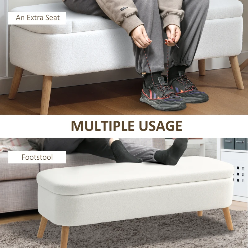 HOMCOM Stołek do przechowywania, stołek z 65 l przestrzeni do przechowywania, podnóżek, materiał polarowy, drewno kauczukowe, pianka, 120 x 42 x 45 cm, kremowo-biały