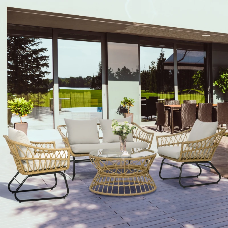 Outsunny Salon de jardin 4 pièces en résine tressée canapé 2 places + 2 fauteuils + 1 table basse sable et crème