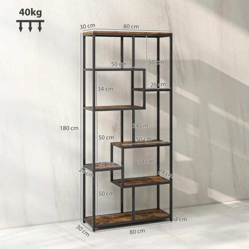HOMCOM Seven-Tier Geometric Bookcase - Brown/Black