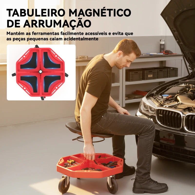 HOMCOM Banco de Oficina Móvel com Bandeja Magnética Altura Ajustável de 52–59,5 cm Carga 135 kg Banco para Mecânico com Rodas para Garagem Reparação de Automóveis Vermelho