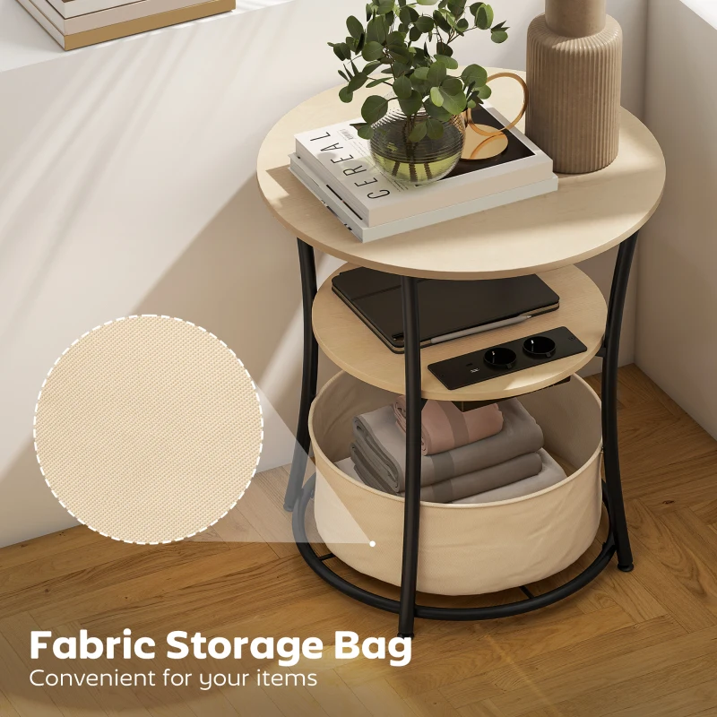 HOMCOM Stolik boczny trzystopniowy z ładowarką, kieszenią na akcesoria, półką, 50x50x55,1 cm naturalne drewno