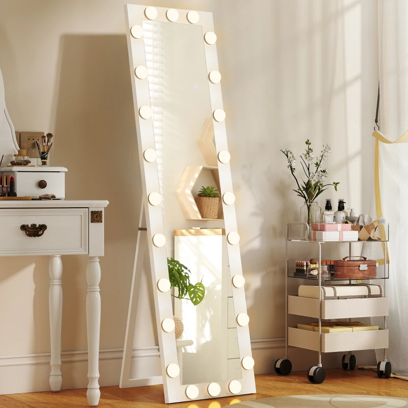 HOMCOM Pełnowymiarowe lustro 150x40 cm LED z 24 żarówkami, 3 kolory światła, stojące lub oparte, białe