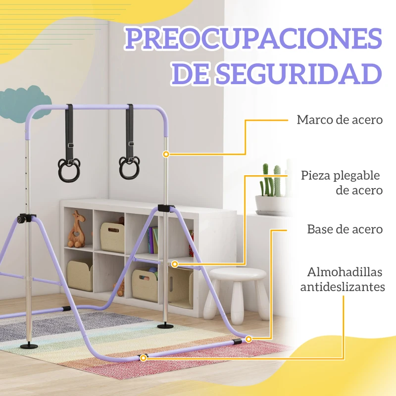 HOMCOM Barra de Gimnasia para Niños Altura Ajustable en 5 Niveles y Anillos Entrenamiento de Gimnasia Plegable en Casa Púrpura