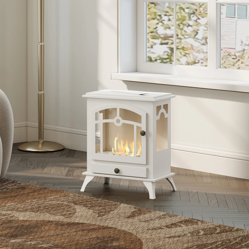 HOMCOM Bioethanol-Standkamin mit 0,9 L Tank Edelstahl-Löschstab Brenndauer 3 Std. 45x28x54 cm Weiß