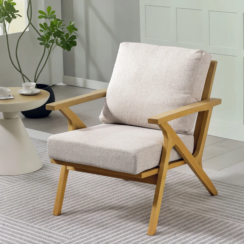 HOMCOM Wohnzimmersessel, skandinavischer Sessel in Leinenoptik, gepolsterte Kissen und Beine aus Hevea-Holz, 76x87x88cm, beige