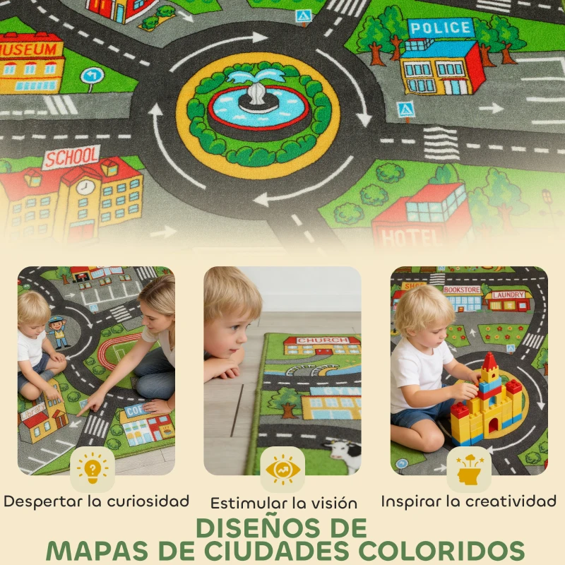 AIYAPLAY Alfombra Infantil Carretera de Ciudad 160x100 cm Alfombra Educativa Antideslizante para Gateo y Jugar con Coches