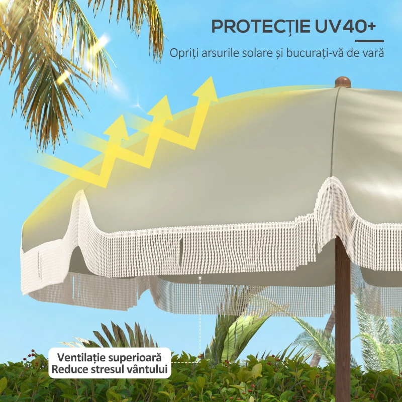 Outsunny Umbrelă de Plajă Portabilă cu Volane în Aer Liber cu Baldachin Ventilat, Geantă de Transport, Ø1.9x2.1 m, Alb-Crem