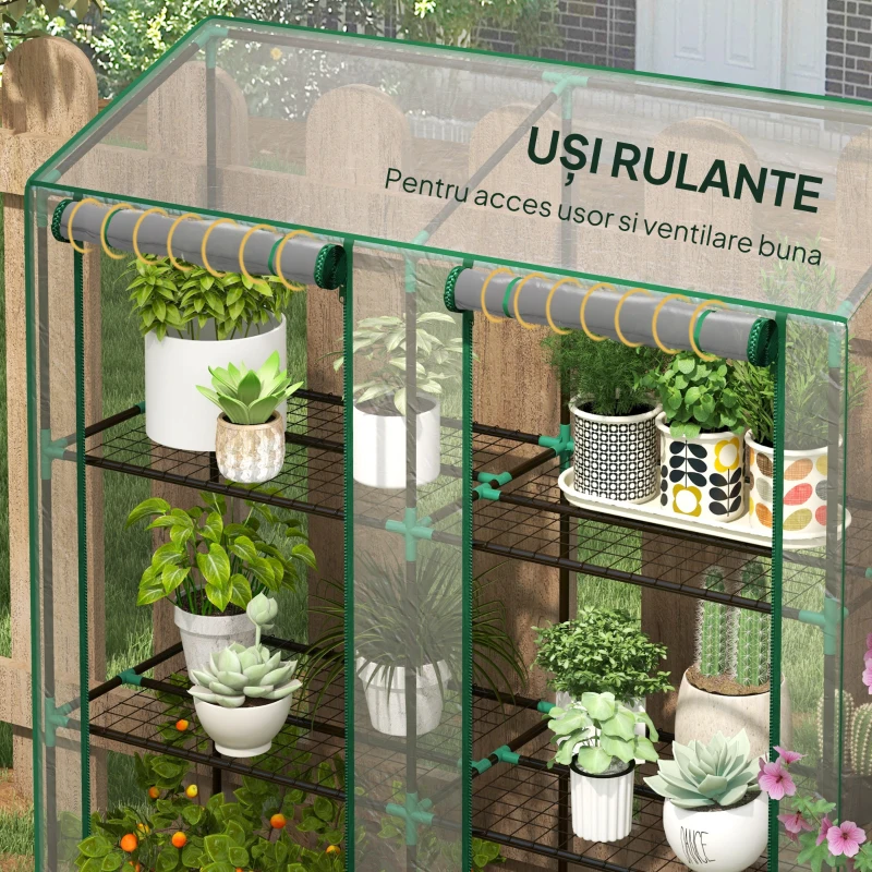 Outsunny Seră de Grădină cu Acoperire din PE, 6 Rafturi și 2 Uși Rulabile, 143x46x151cm, Transparentă