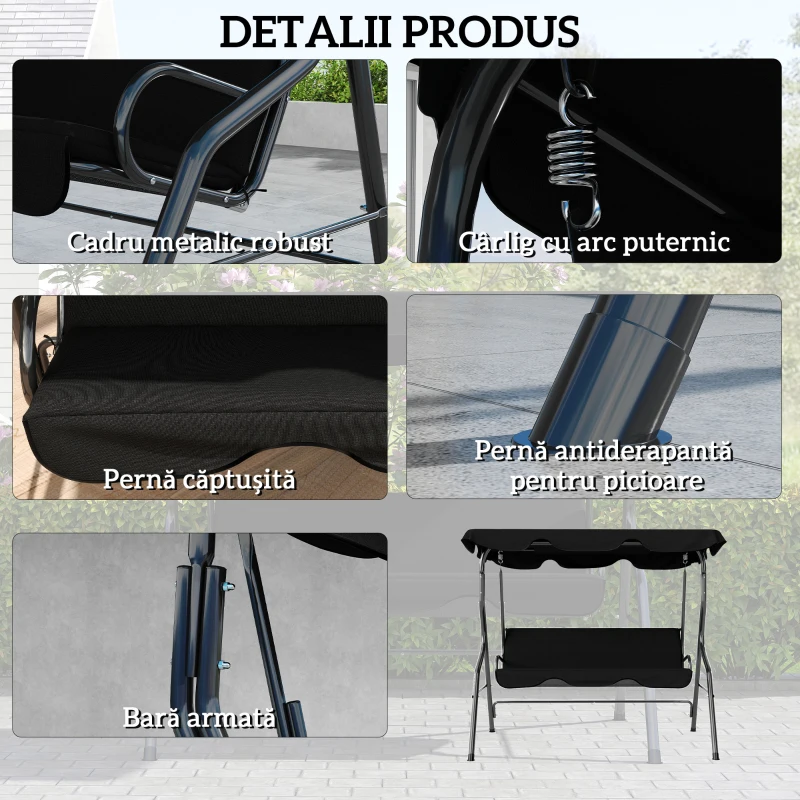 Outsunny Leagăn pentru 3 persoane cu copertină reglabilă și perne, din oțel și poliester, 170x110x153 cm, negru