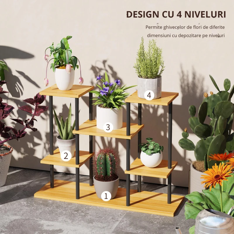 Outsunny Suport plante interior etajeră plantă cu 6 nivele cadru din oțel bază lemn masiv 80 x 24 x 61,5 cm lemn natural