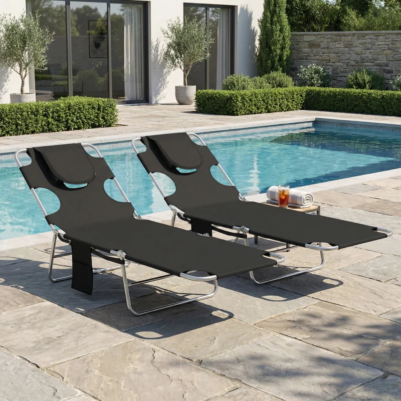 Outsunny 5-Position Adjustable Sun Loungers Set of 2 with Reading Hole and Side Pocket, Black