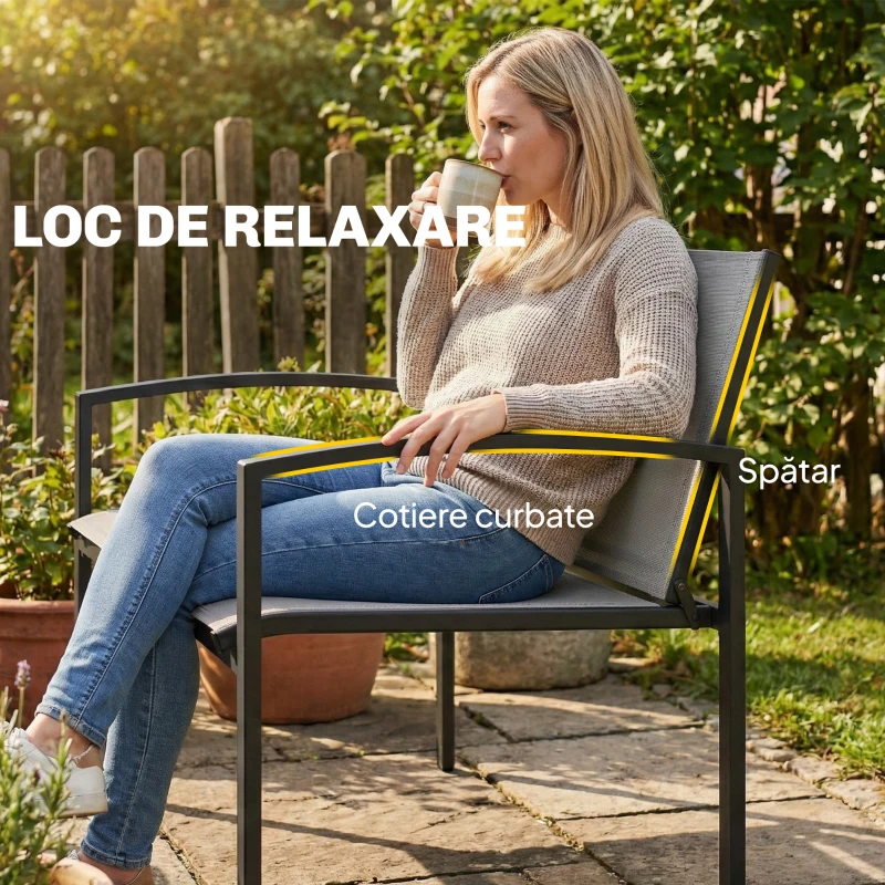Outsunny bancă de grădină din metal, 2 locuri, material respirabil Texteline, culoare gri.