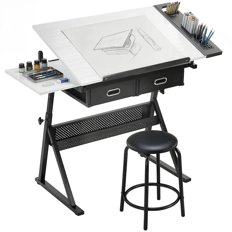 HOMCOM Masă de desen cu taburet și 2 sertare, înălțime reglabilă, blat înclinabil 0° à 60°, 120 x 60 x 68-92 cm, alb