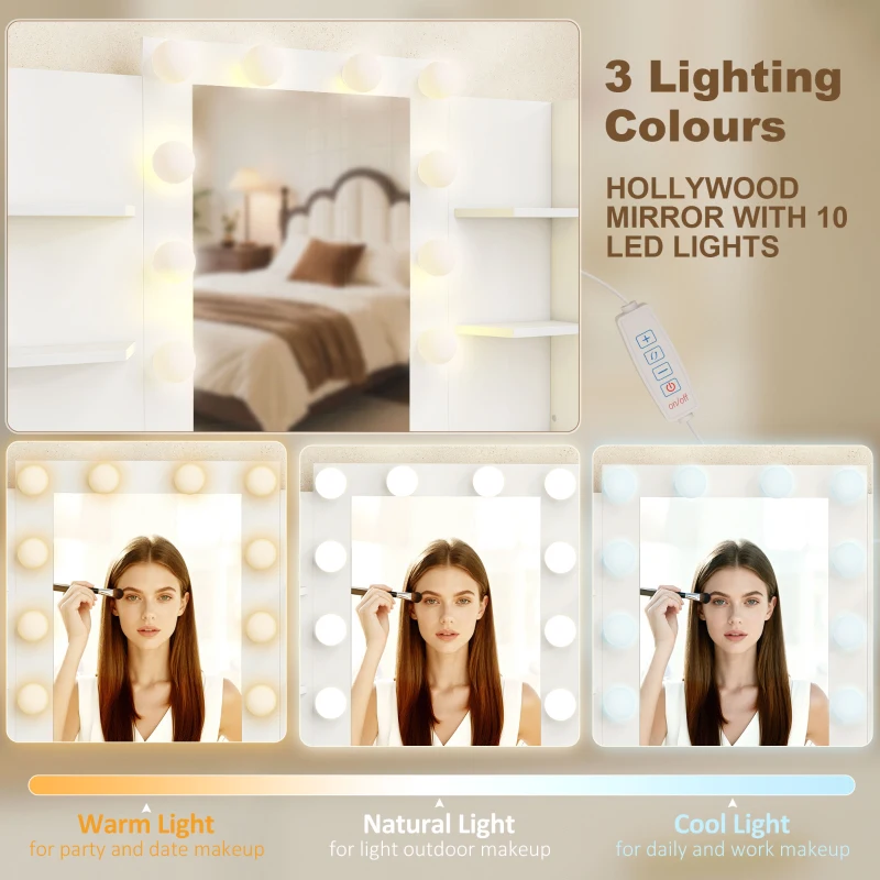 HOMCOM Toaletka z podświetlanym lustrem i wyściełanym taboretem, zestaw kosmetyczny z 6 szufladami i półkami, biała