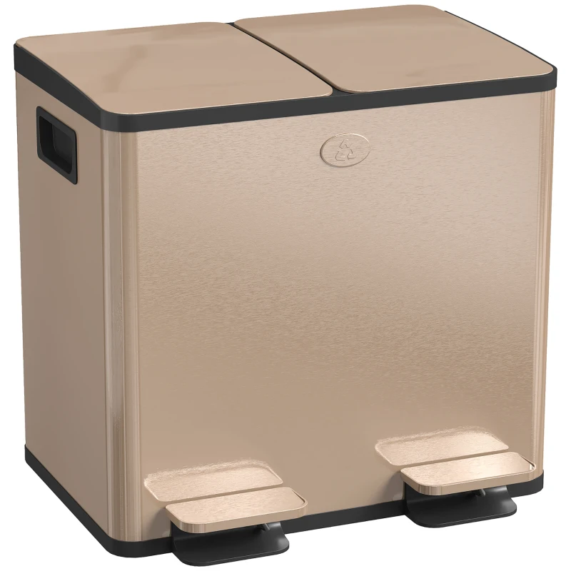 HOMCOM 30L Dual Compartment Stainless Steel Bin, with Deodoriser Holders - Gold Tone