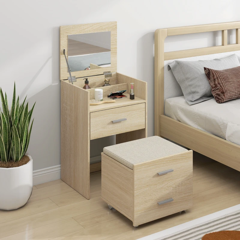 HOMCOM Tavolo da Trucco con Specchio a Ribalta, Cassetti e Sgabello, in Legno e Tessuto Effetto Lino, color Legno