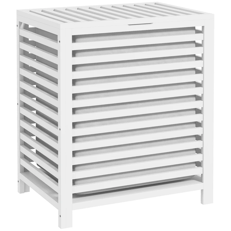 HOMCOM Coș pentru Rufe din Bambus Capacitate de 55L Coș pentru Rufe Murdare cu 2 Mânere și Sac Detașabil 50x36x60 cm Blanco