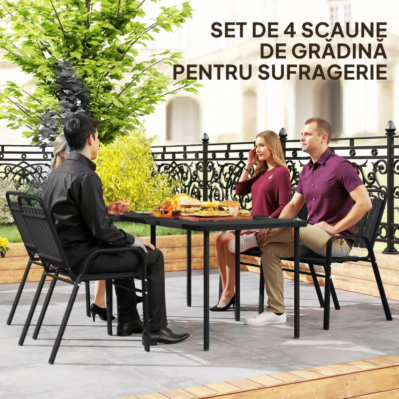 Outsunny Set 4 Scaune de Grădină Stivuibile Scaune de Exterior 56x66x91 cm Negru