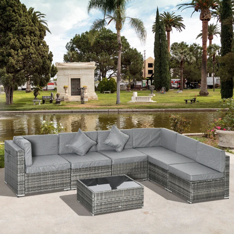 Outsunny Ensemble salon de jardin 7 pièces modulables table basse plateau verre trempé coussins déhoussables inclus gris
